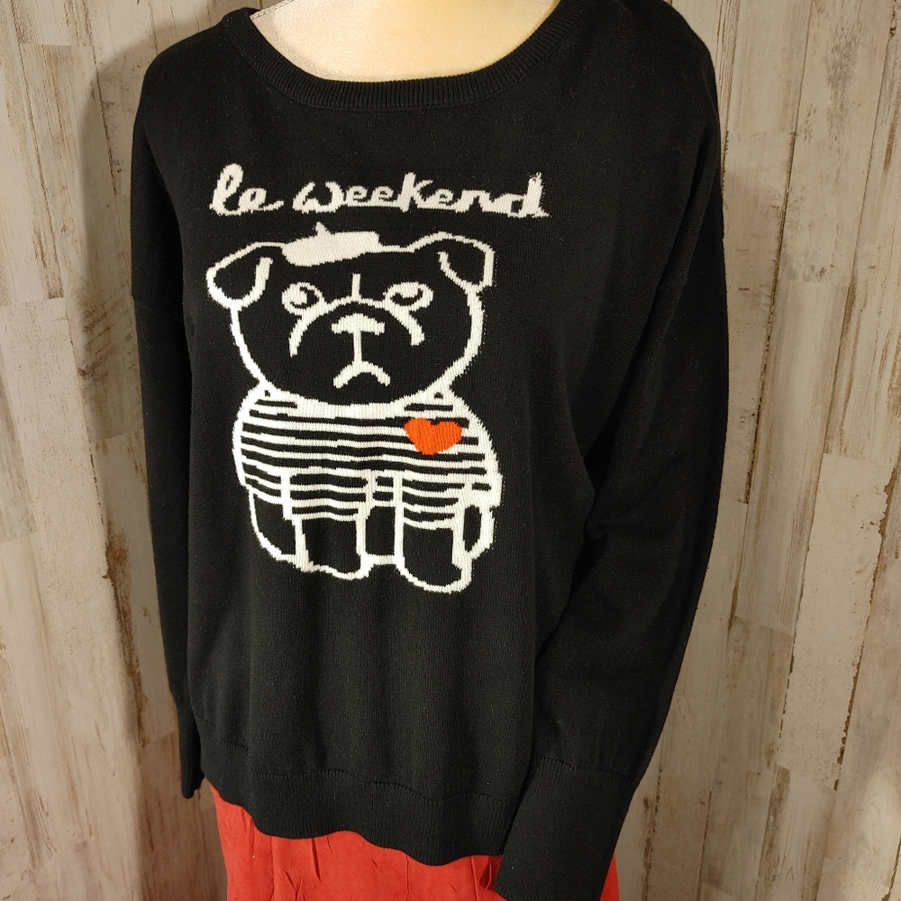 NWT French Connection "Le weekend" black sweater dog w/red heart Size S